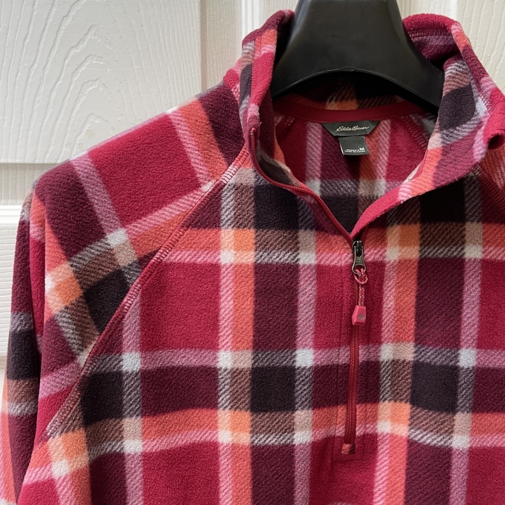 Eddie Bauer Women's Medium Fleece Pullover Berry Plaid 1/4 Zip Long‎ Sleeve
